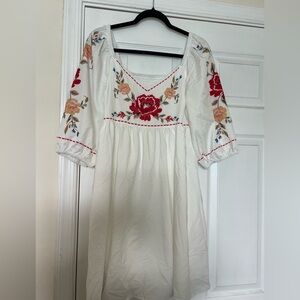SHEIN White Dress with Red Floral Embroidery